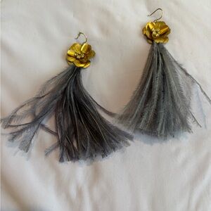 Anthropologie Gold and Gray Floral Feather Earrings